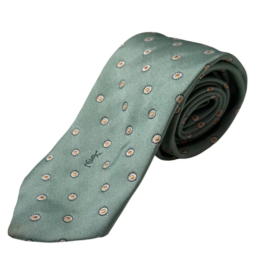 Yves Saint Laurent Tie Mens Green Geometric Medallion YSL Logo